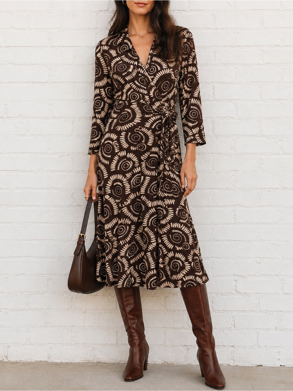 Vintage Y2K APNY Brown Cream Polyester Faux Wrap Midi Dress M Retro Mod